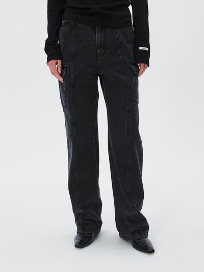 KUME Low Waist Wide Cargo Denim Pants, Black
