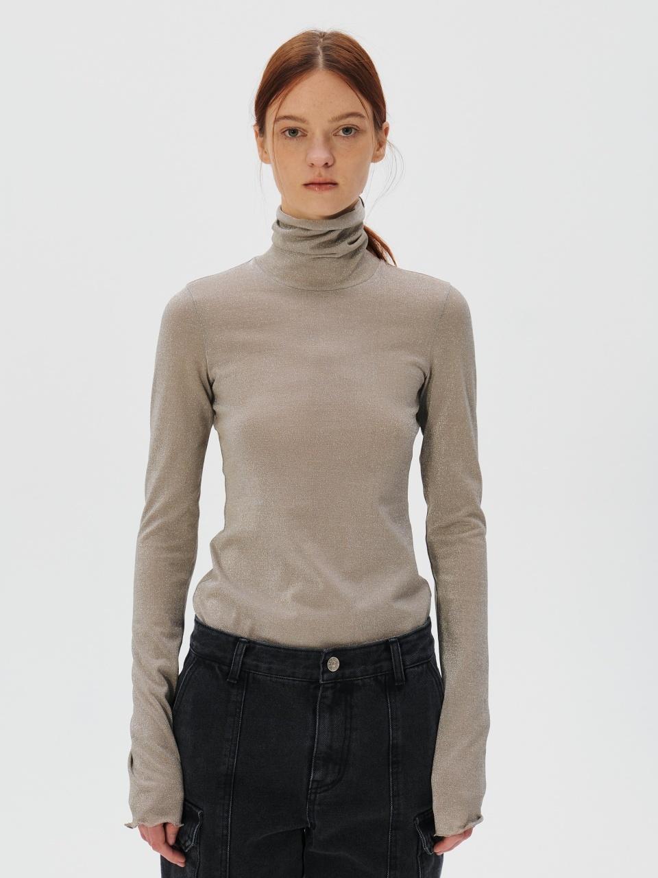 KUME Metalic Sheer Long Sleeves T-shirt, Silver