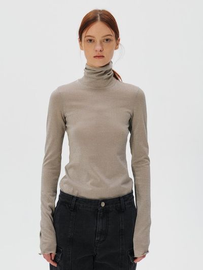 KUME Metalic Sheer Long Sleeves T-shirt, Silver