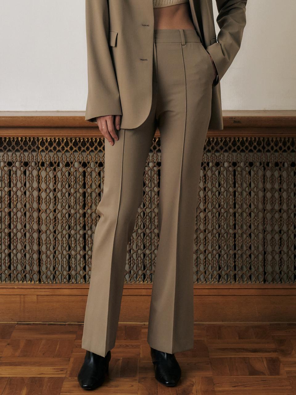 KUME PINTUCKED SEMI-FLARE PANTS, BEIGE