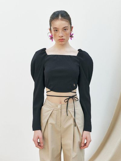 KUME Square Neck String Blouse, Black