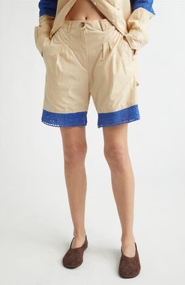 KuR KuR Stripe Organic Cotton Shorts with Crochet Panels