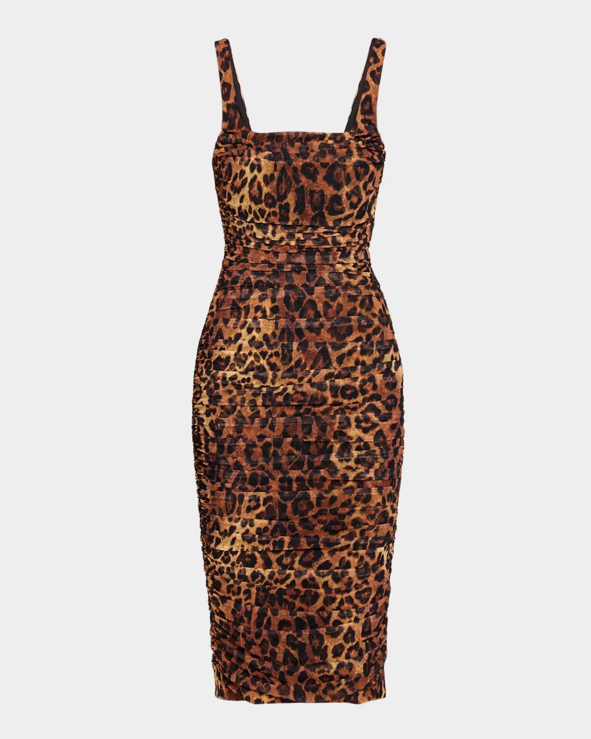 L & apos;AGENCE Anya Shirred Leopard-Print Mesh Sleeveless Midi Dress