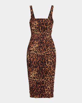 L & apos;AGENCE Anya Shirred Leopard-Print Mesh Sleeveless Midi Dress