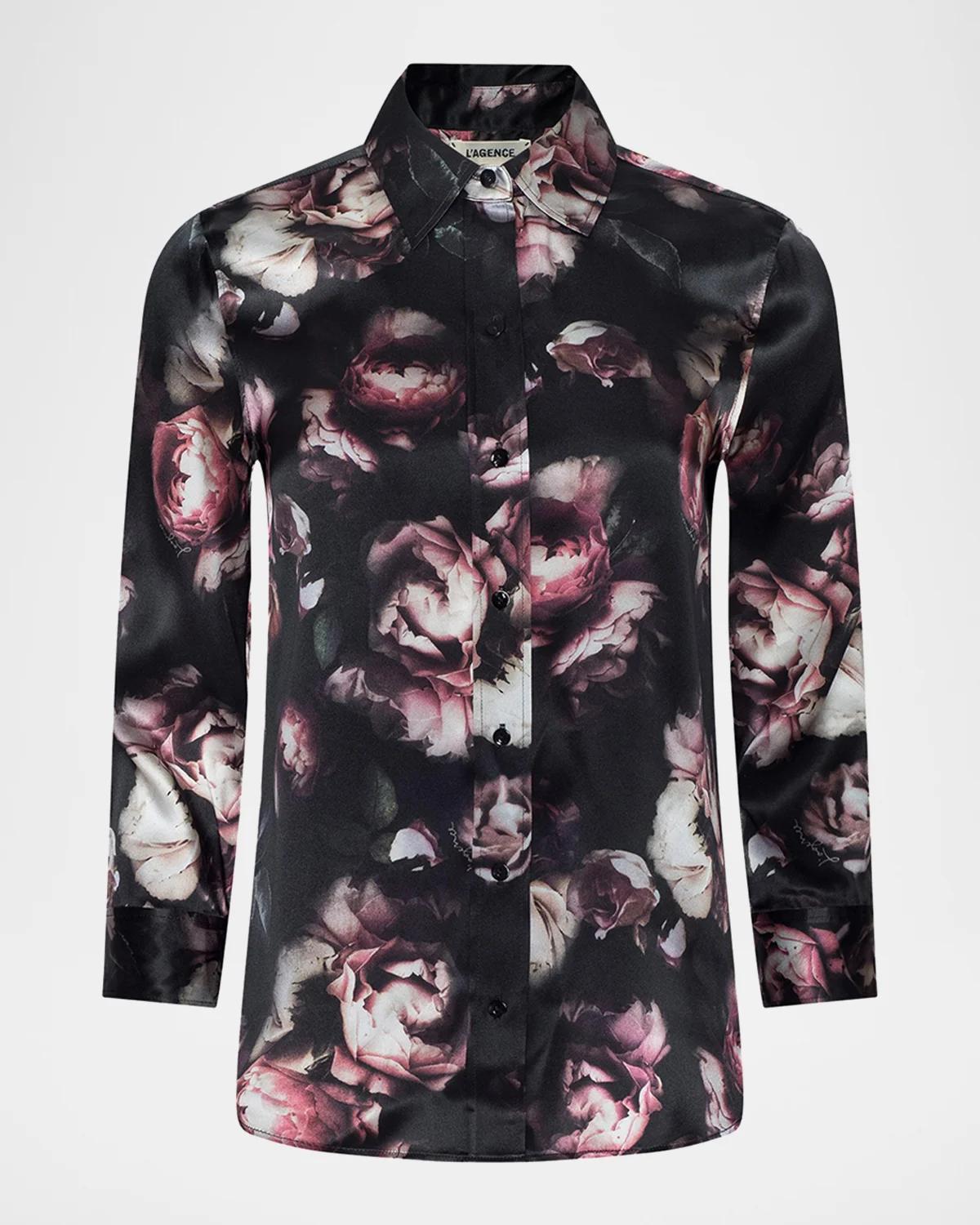 L & apos;AGENCE Dani Three-Quarter-Sleeve Floral Silk Blouse