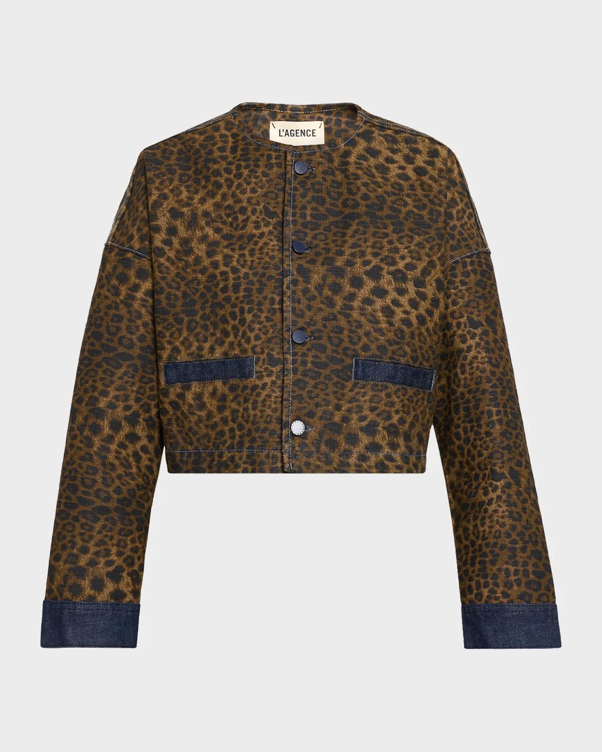 L & apos;AGENCE Verona Leopard-Print Crop Denim Jacket