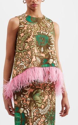 La DoubleJ La DoubleJ La Scala Top With Feathers Anemone Pink Olive 