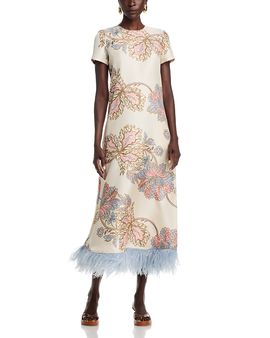 La Doublej La DoubleJ Silk Feather Trim Midi Dress