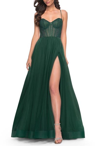 La Femme La Femme A-Line Tulle Gown with Rhinestone Fishnet Bodice