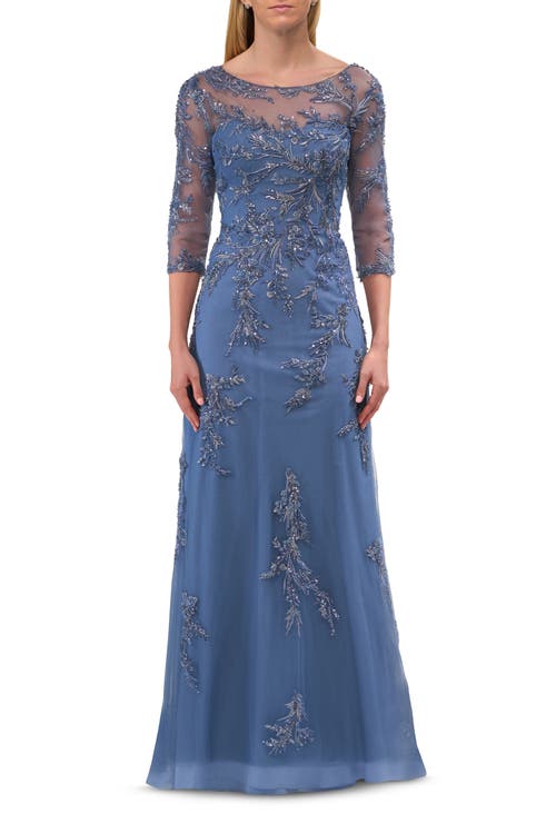 La Femme La Femme Beaded Lace Applique Dress with Tulle Skirt and Illusion Sleeves