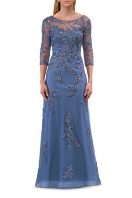 La Femme La Femme Beaded Lace Applique Dress with Tulle Skirt and Illusion Sleeves