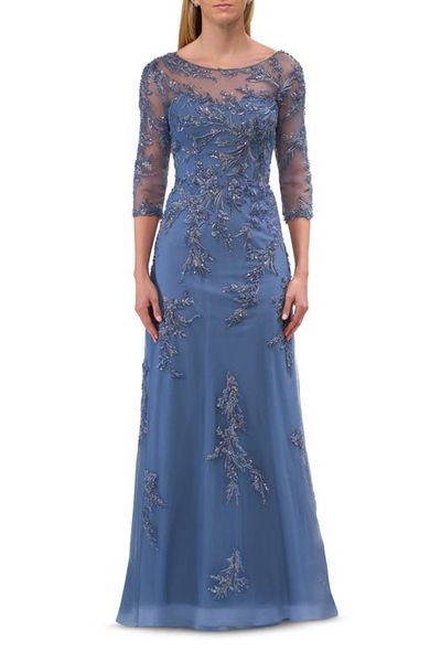 La Femme La Femme Beaded Lace Applique Dress with Tulle Skirt and Illusion Sleeves