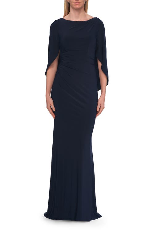 La Femme La Femme Draped Cape Sleeve Jersey Gown with Ruched Bodice