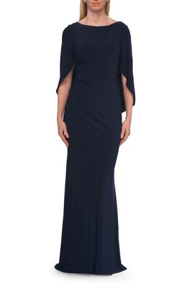 La Femme La Femme Draped Cape Sleeve Jersey Gown with Ruched Bodice
