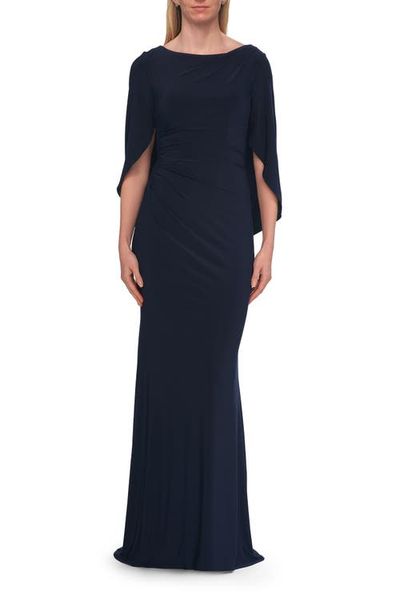 La Femme La Femme Draped Cape Sleeve Jersey Gown with Ruched Bodice
