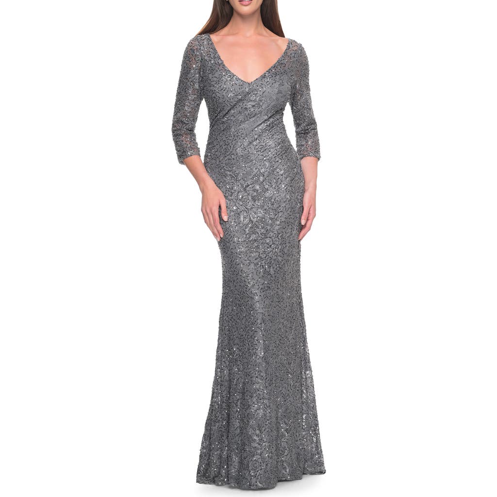 La Femme La Femme Fitted Beaded Lace Evening Gown with Ruching