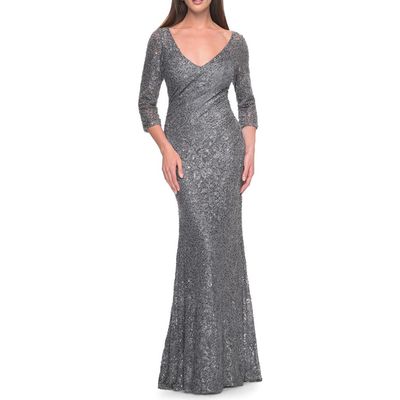 La Femme La Femme Fitted Beaded Lace Evening Gown with Ruching