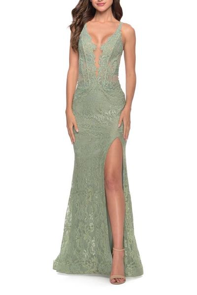 La Femme La Femme Fitted Stretch Lace Gown with Deep V and Beading