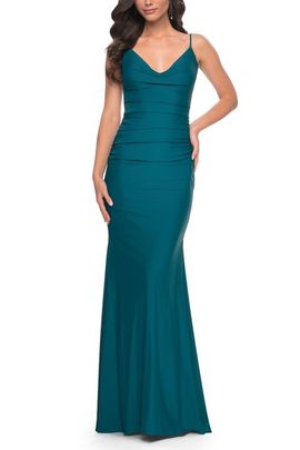 La Femme La Femme Illusion Back Jersey Dress with Boning Detail