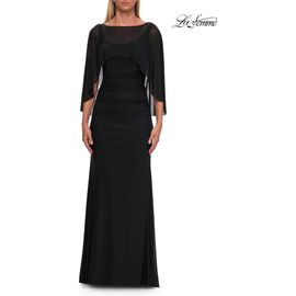La Femme La Femme Jersey Gown with Sheer Beaded Cape Overlay