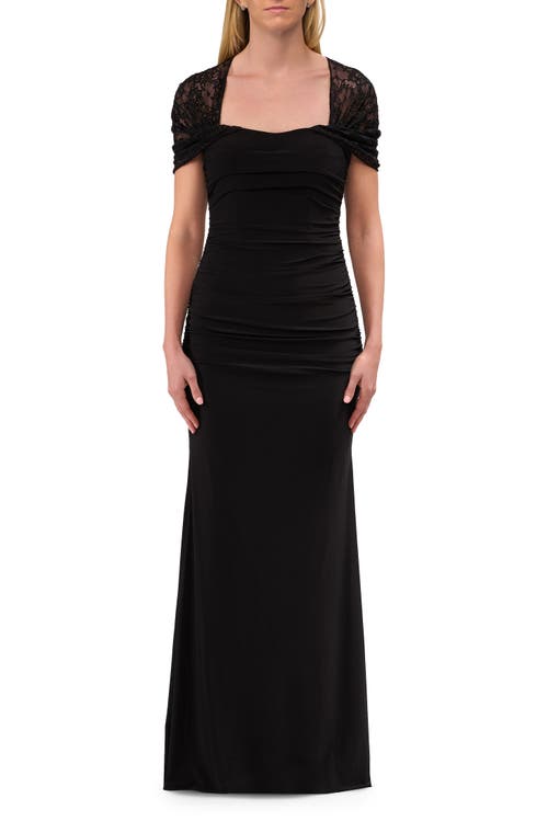 La Femme La Femme Long Evening Dress with Ruching and Lace Sleeve