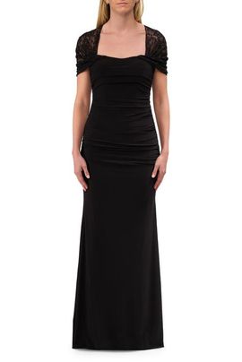 La Femme La Femme Long Evening Dress with Ruching and Lace Sleeve