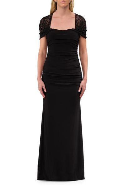 La Femme La Femme Long Evening Dress with Ruching and Lace Sleeve