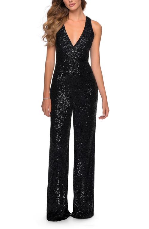 La Femme La Femme Long Sequin Jumpsuit with Criss Cross Back