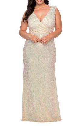 La Femme La Femme Long Sequin Plus Size Gown with V-Neck