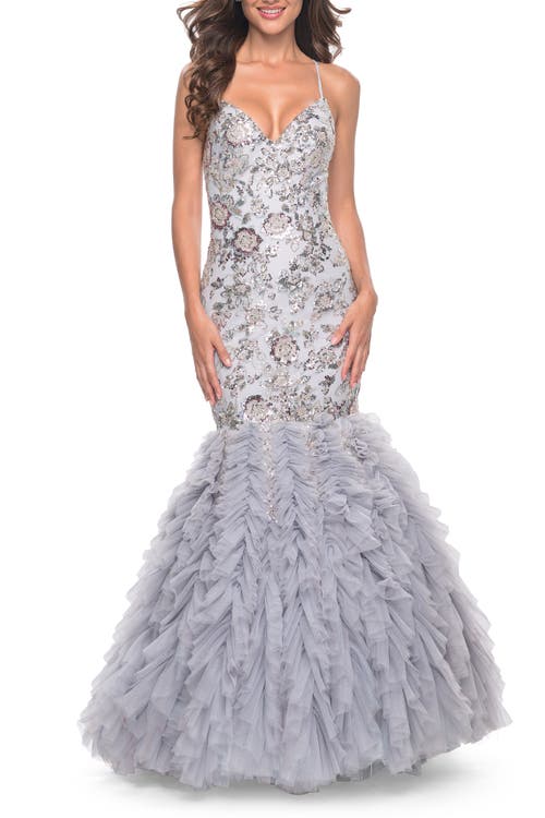La Femme La Femme Mermaid Beaded Floral Gown with Ruffle Detailed Skirt