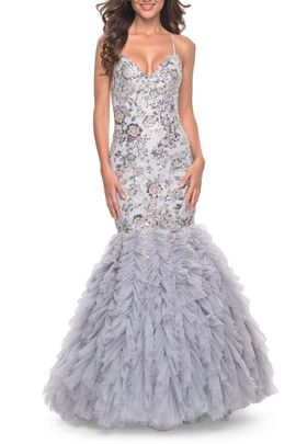 La Femme La Femme Mermaid Beaded Floral Gown with Ruffle Detailed Skirt