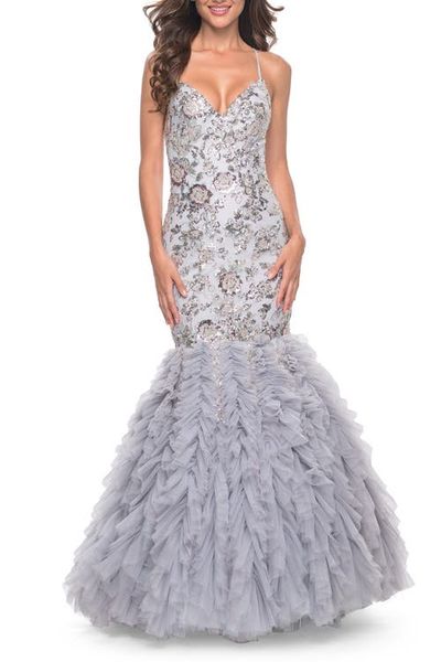 La Femme La Femme Mermaid Beaded Floral Gown with Ruffle Detailed Skirt