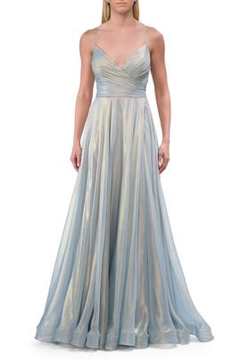 La Femme La Femme Metallic Chiffon Prom Dress with Flowing Skirt