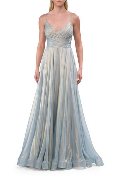 La Femme La Femme Metallic Chiffon Prom Dress with Flowing Skirt