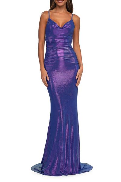 La Femme La Femme Metallic Prom Dress with Ruching and Illusion Back