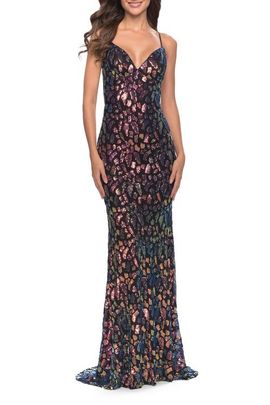 La Femme La Femme Multi Color Print Sequin Dress with Lace Up Back