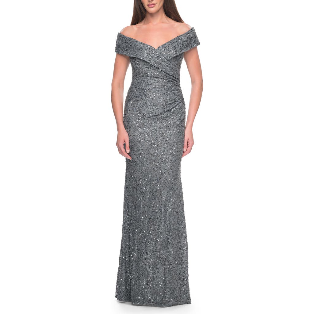 La Femme La Femme Off the Shoulder Beaded Lace Evening Gown