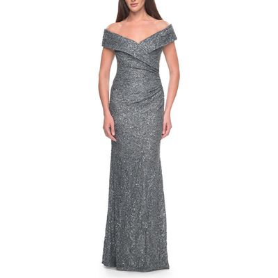La Femme La Femme Off the Shoulder Beaded Lace Evening Gown