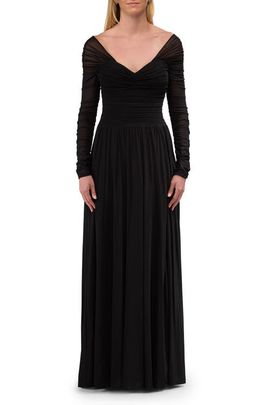 La Femme La Femme Off the Shoulder Net Jersey Gown with Long Sleeves