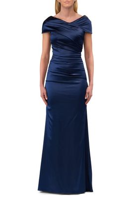La Femme La Femme Off the Shoulder Stretch Satin Ruched Evening Gown