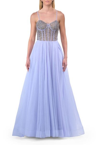 La Femme La Femme Rhinestone Embellished Corset with Lace Up Back and Tulle Skirt