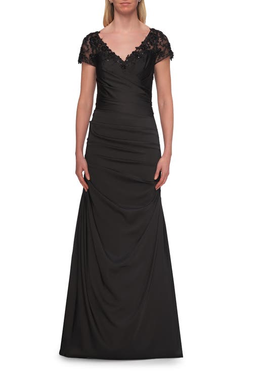 La Femme La Femme Ruched Satin Gown with Lace Cap Sleeves