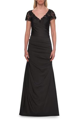 La Femme La Femme Ruched Satin Gown with Lace Cap Sleeves