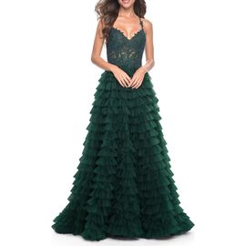 La Femme La Femme Ruffle Tulle Gown with Illusion Lace Bodice