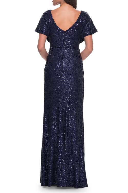 La Femme La Femme Sequin Stretch Evening Dress with High Neckline and Dolman Sleeves
