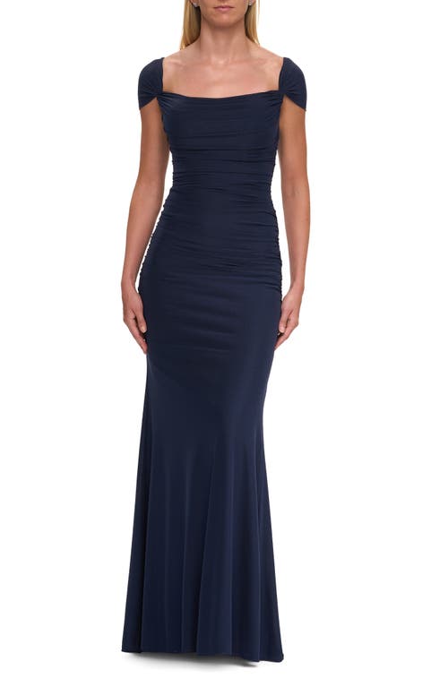 La Femme La Femme Simple Ruched Cap Sleeve Net Jersey Gown