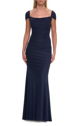 La Femme La Femme Simple Ruched Cap Sleeve Net Jersey Gown