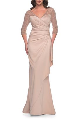 La Femme La Femme Stunning Satin Dress with Gathered Waist and Beaded Illusion Sleeves
