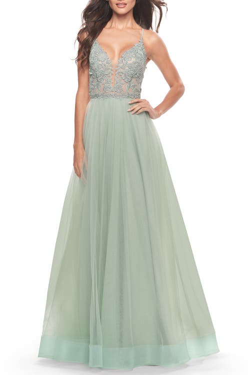 La Femme La Femme Tulle Gown with Sheer Lace Bodice