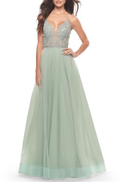 La Femme La Femme Tulle Gown with Sheer Lace Bodice